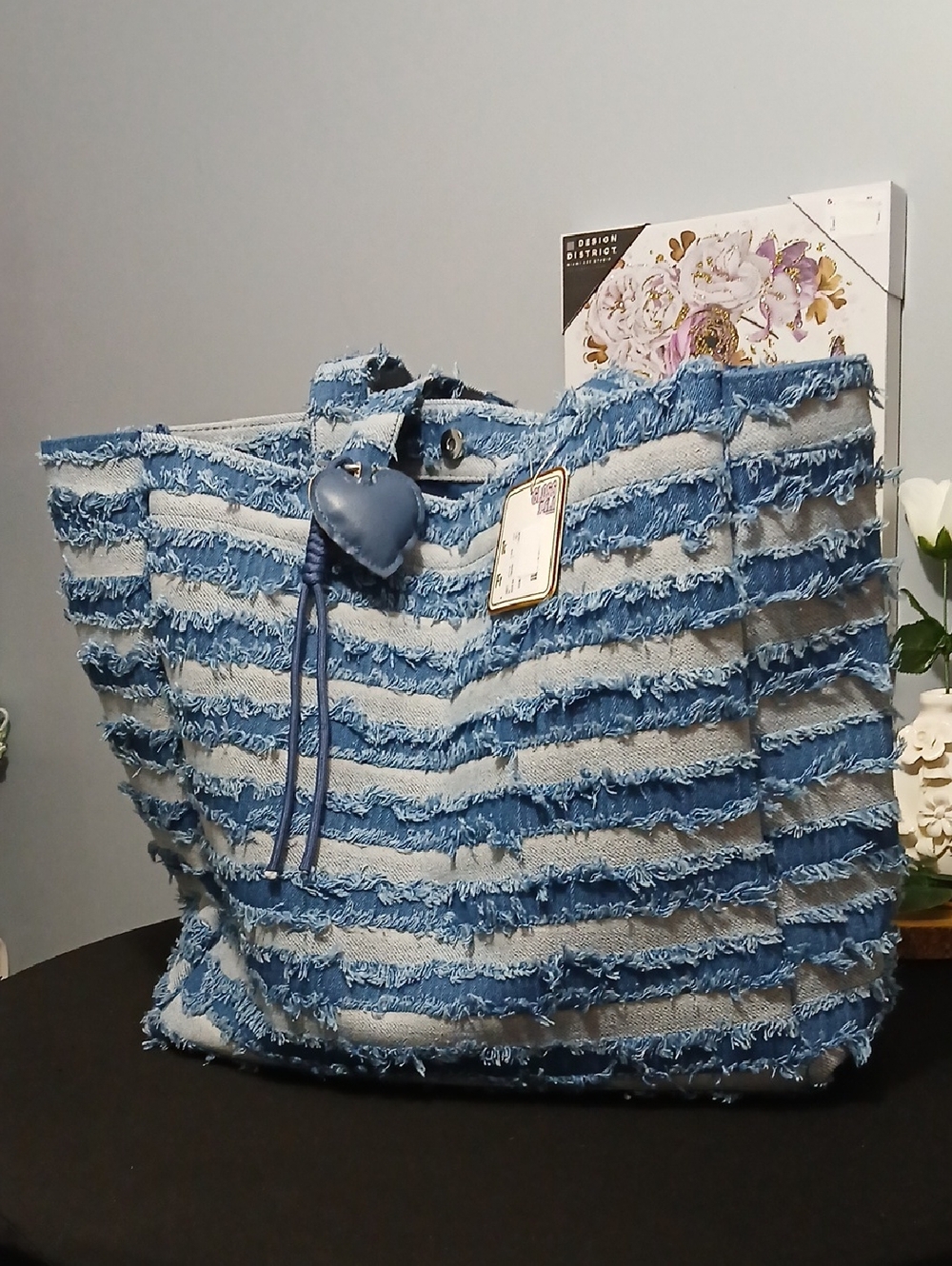 New! Striped Blue Denim Frayed Tote Bag - NWT